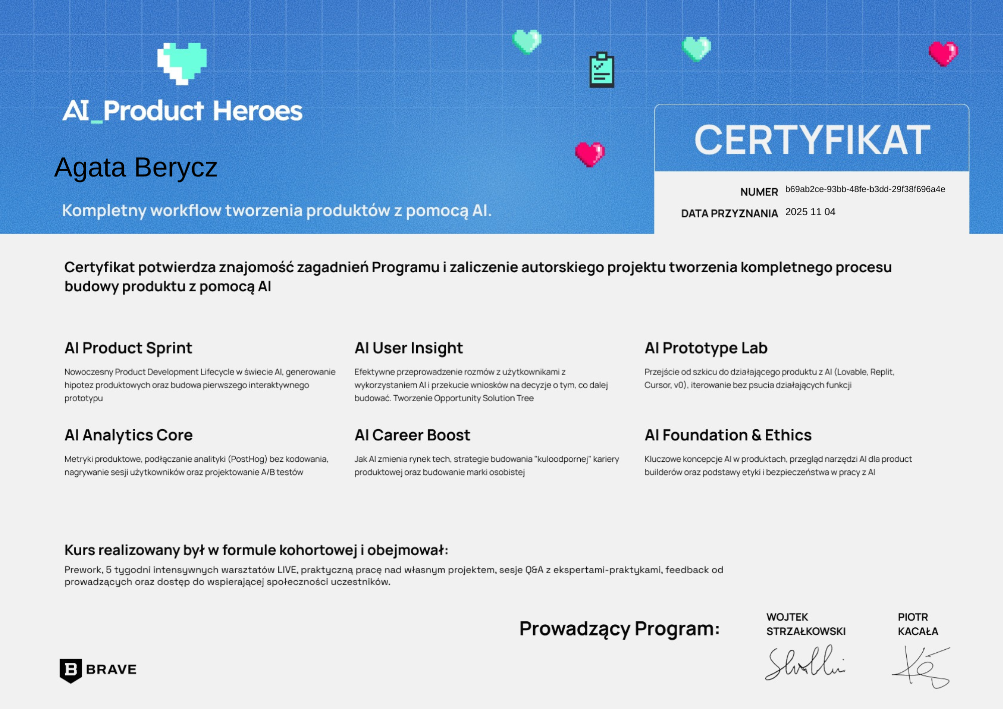 AI Product Heroes Certificate - Agata Berycz